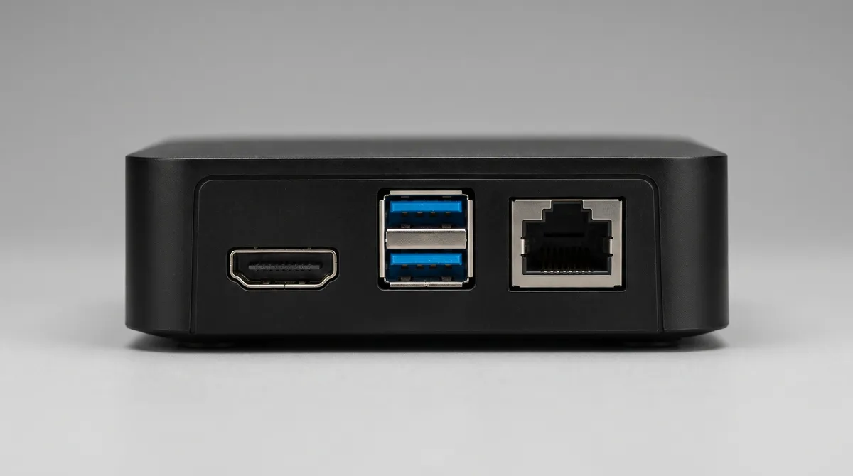 Close-up van de achterkant van een zwart mediakastje met een HDMI-poort, twee USB-poorten en een netwerkaansluiting