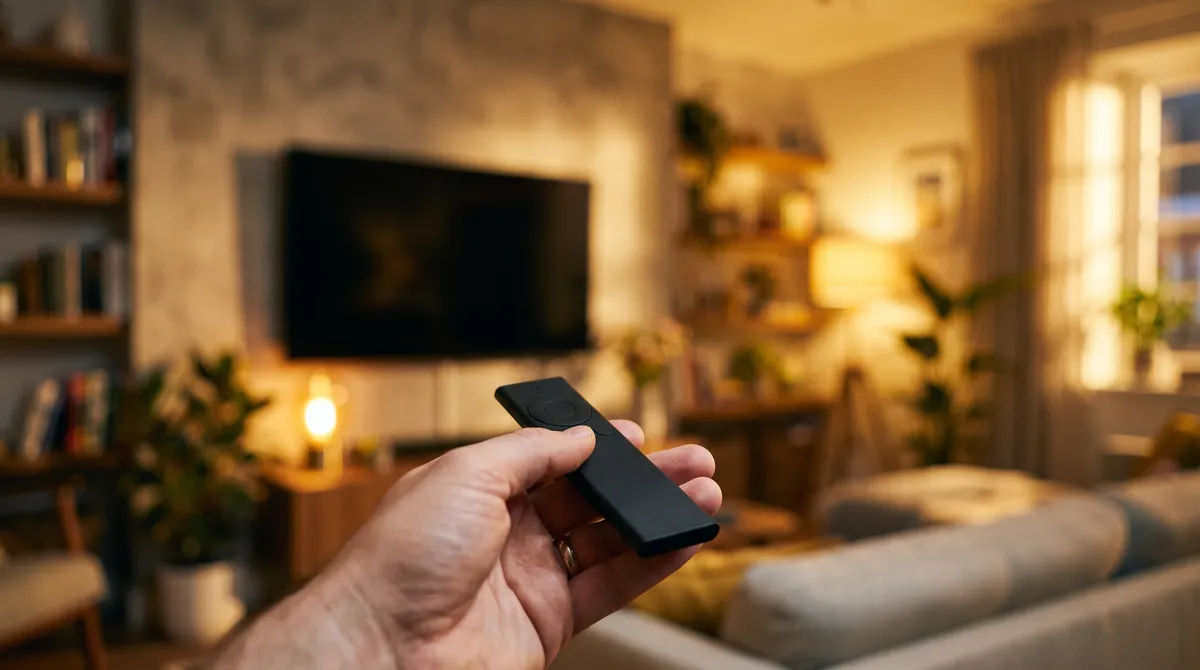 Hand met een slanke zwarte afstandsbediening, op de achtergrond een uitgeschakelde televisie aan de muur