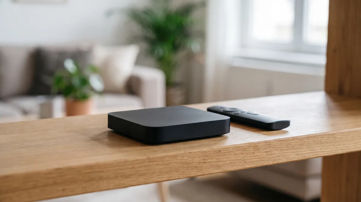 Klein zwart Android TV-kastje met een slanke afstandsbediening op een licht houten plank
