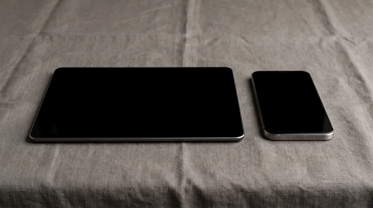 Tablet en smartphone naast elkaar op een grijze linnen ondergrond, beide schermen uitgeschakeld